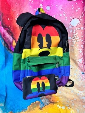 Loungefly Canvas Rainbow Mickey Backpack and matching Pouch